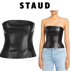 STAUD Strapless Tracing Bustier Faux-Leather Top sz 10 in Black 225$ NWT